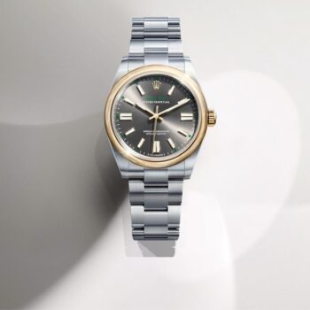 Montre Rolex Oyster Perpetual, cadran gris soleil, boîtier acier Oystersteel et or jaune