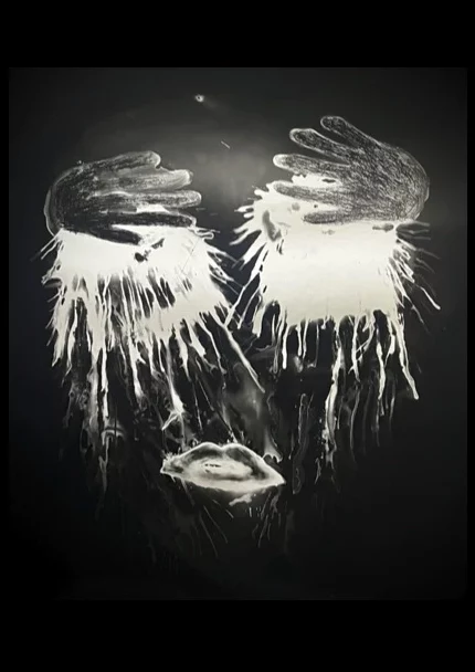 Ai Huang silver-gelatin self-portrait with dark hands and white traces, from the Kabrala series