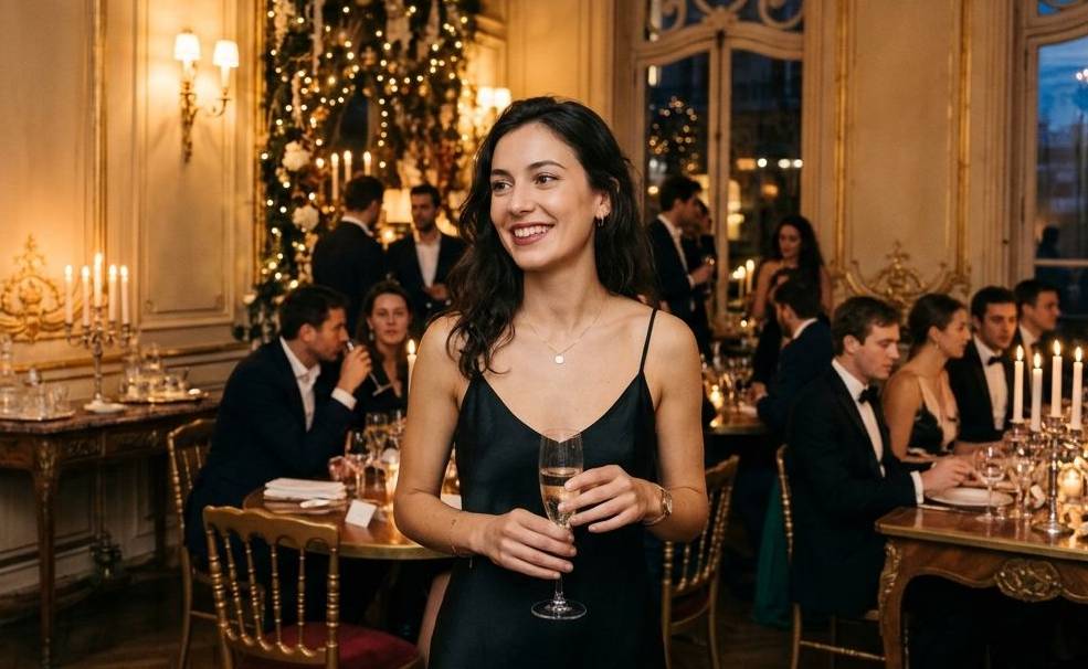 Collier doré porté avec une robe noire en soirée